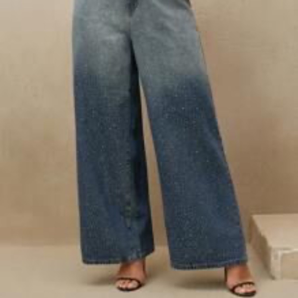 Plus Size Vintage Heavy Rhinestone Embellished Relaxed Loose Wide Leg